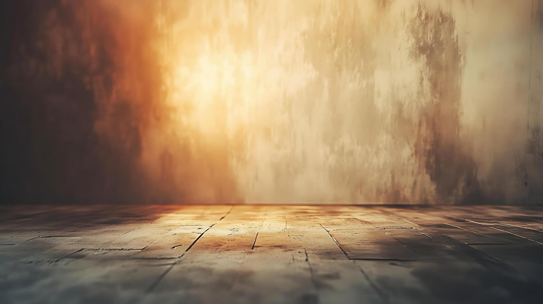 Abstract presentation of a weathered wooden floor, illuminated by ethereal light, against a textured, cloud-like backdrop. photo