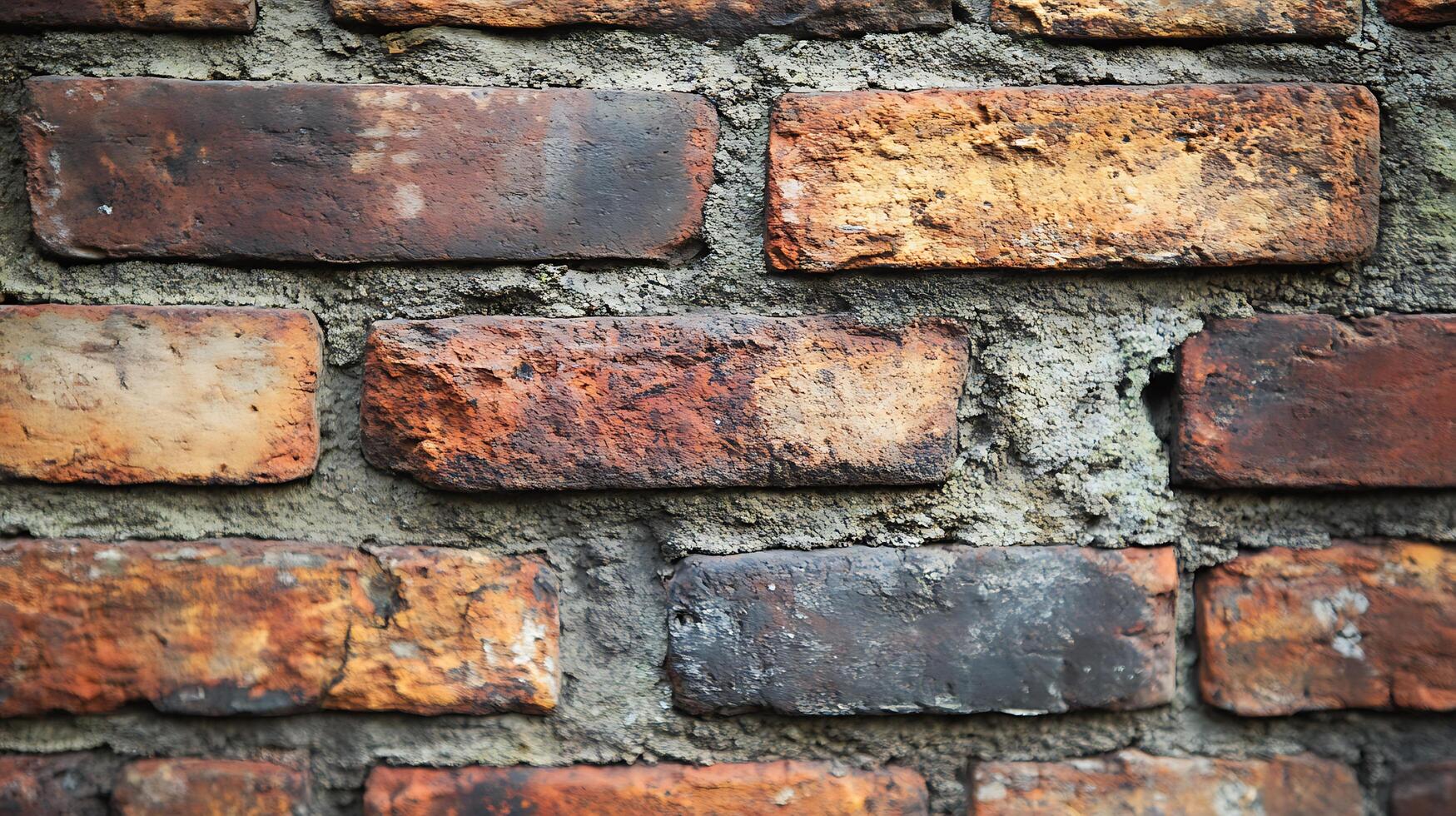 Close-up showcases a weathered brick wall. A blend of oranges, reds, and dark tones add a rustic texture, perfect for backgrounds. photo