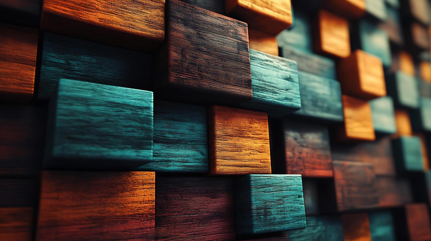 Arrangement of textured wooden blocks of various colors, stacked and forming a complex, three-dimensional pattern on a wall. photo
