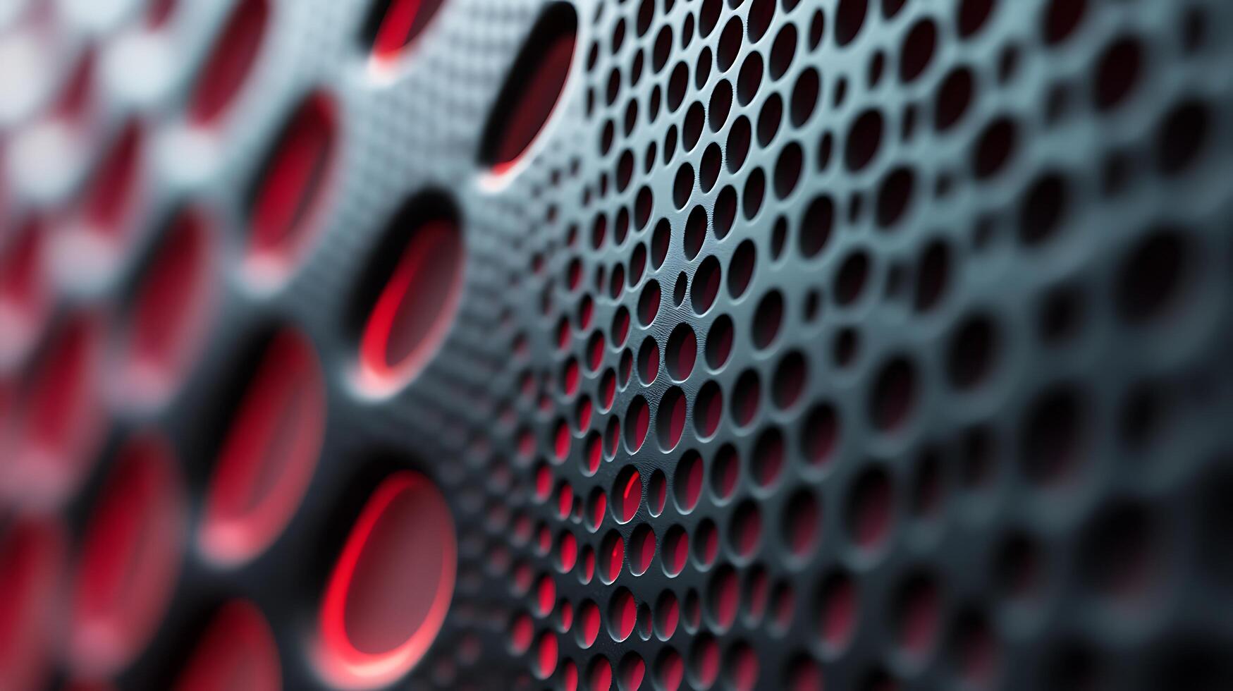 Metal grid pattern with red circles. Circular perforations in a sheet, backlit in red. Abstract, textured metal surface. photo