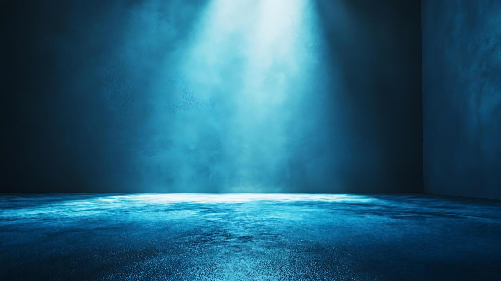 A dramatic scene unfolds under a strong, directional light in an otherwise dark, empty room, filled with atmospheric haze. The stark contrast is striking. photo