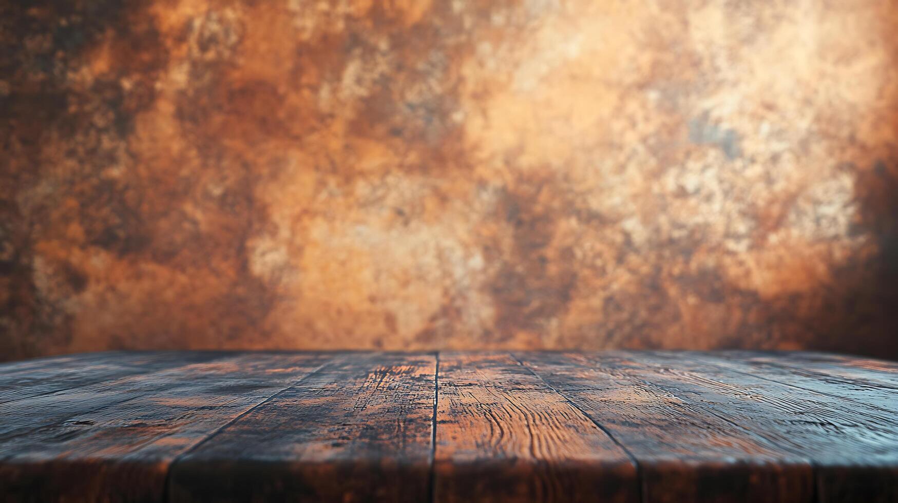 Rustic wood table surface against a mottled, textured backdrop in warm tones. Use it for product displays or as a visual texture. photo