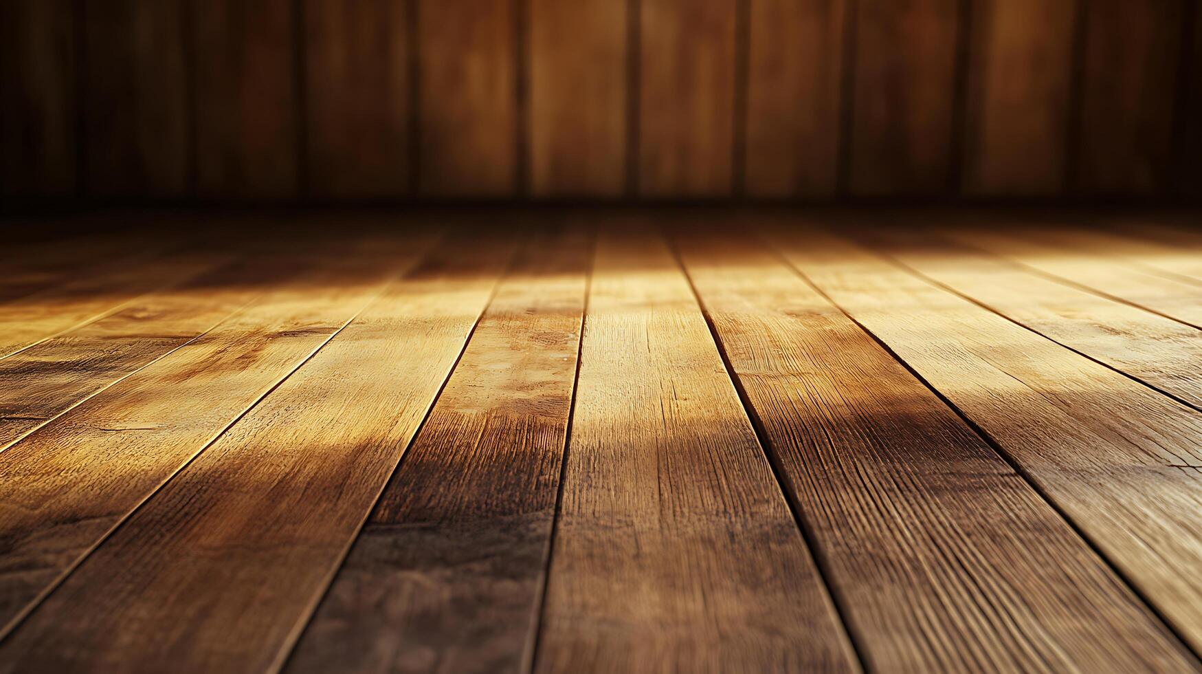 Wooden surface illuminated by light, showcasing the texture of wood grain. The backdrop features a matching wooden wall. photo