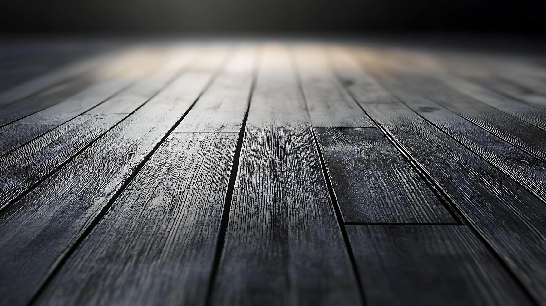 Dramatic perspective of dark wooden floorboards bathed in soft, diffused light creating an atmosphere of depth and elegance. Moody surface. photo