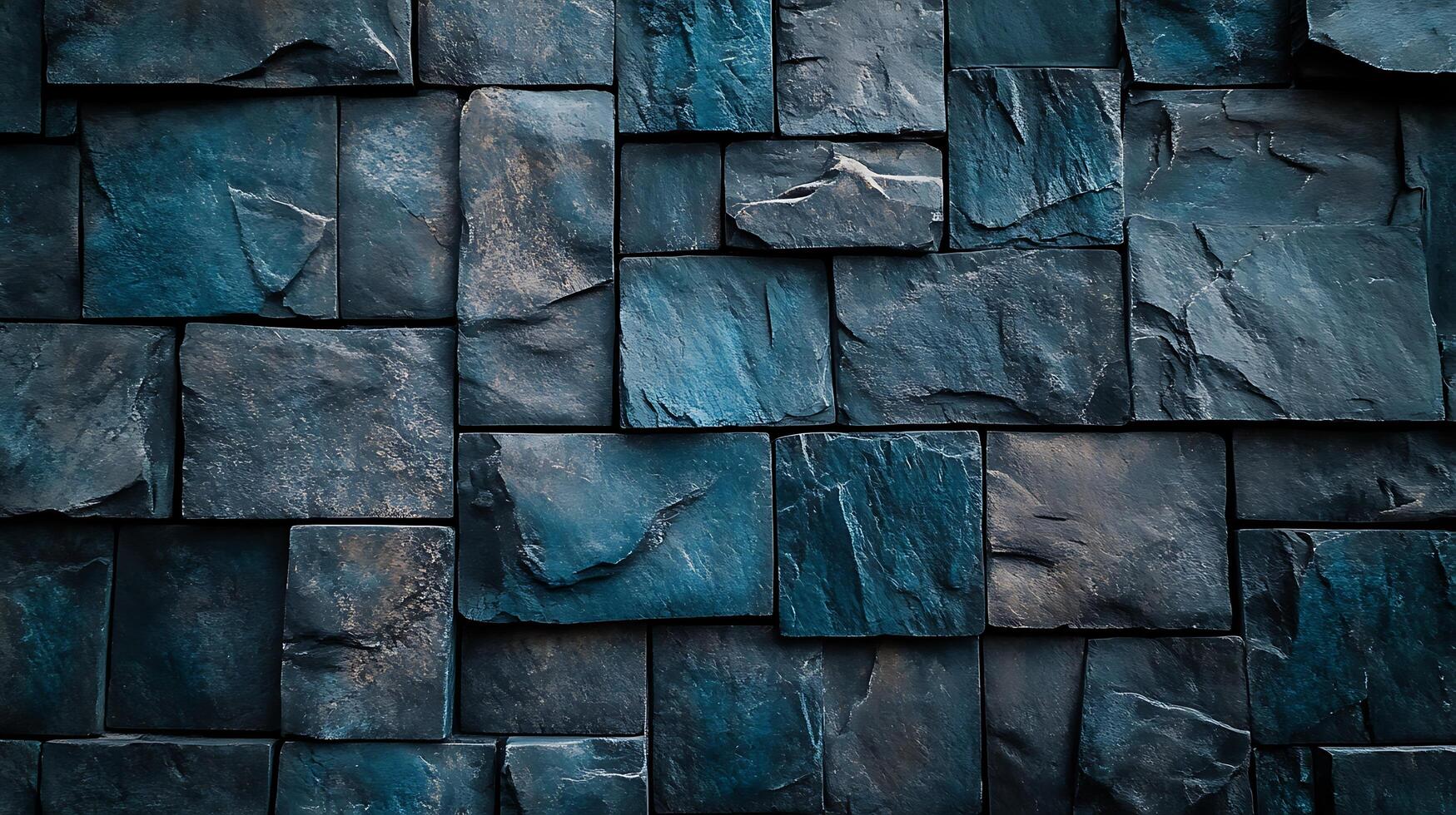 Blue-toned stone cladding wall shows a modern and rustic textured surface finish, achieved using natural stone cut into various square sizes. photo