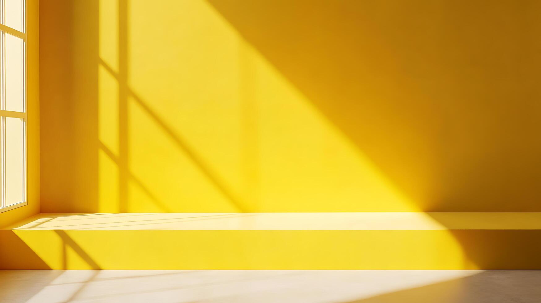 Bright yellow room with soft sunlight streaming through a window, casting geometric shadows across the wall and floor, creating a warm atmosphere. photo