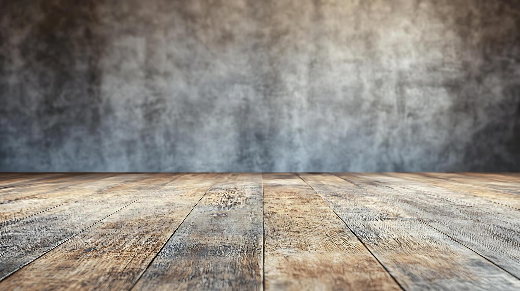 Rustic wood flooring meets a textured gray wall, creating a warm and inviting interior space for product presentations or visual displays. photo
