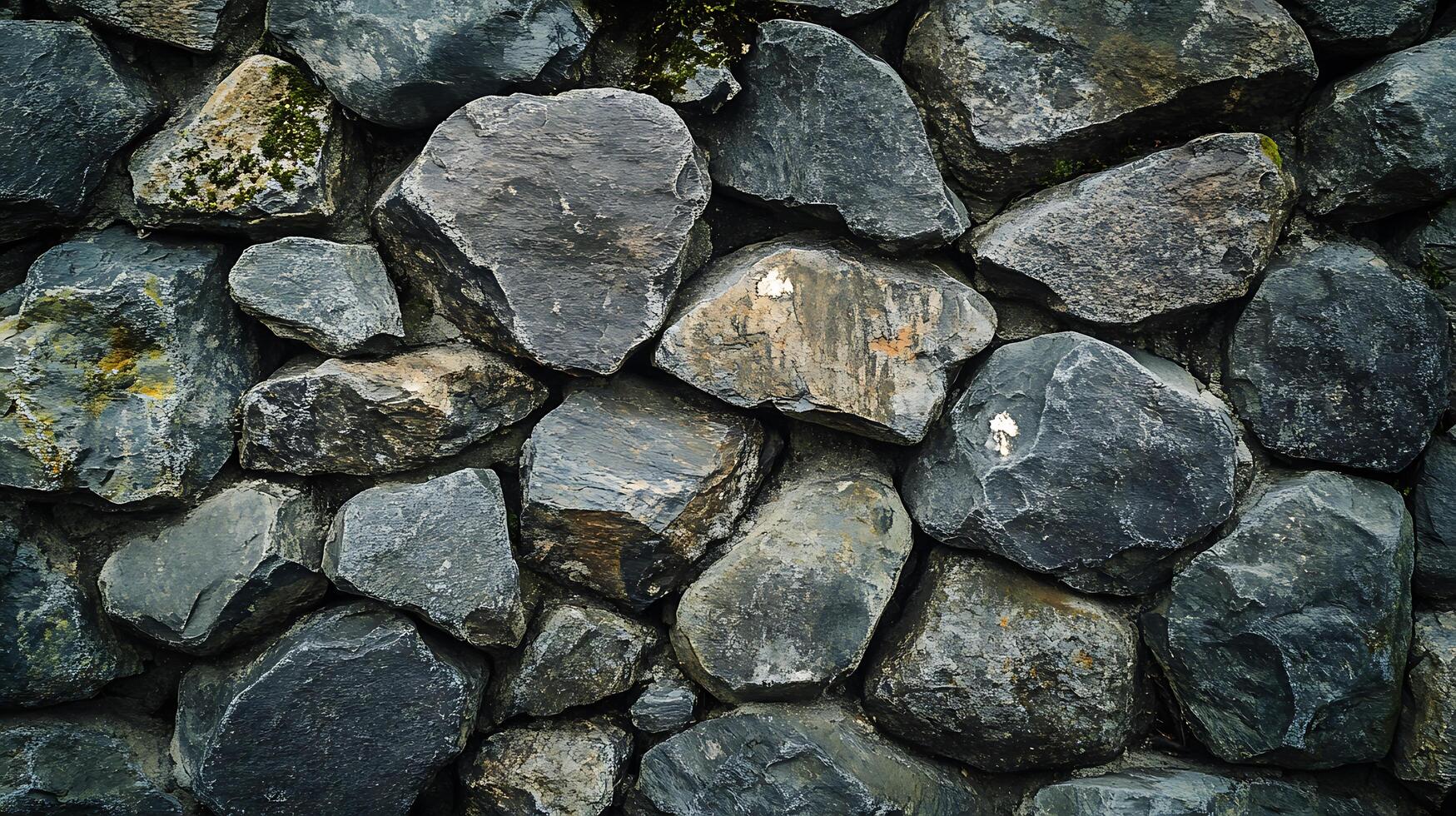 A robust wall of rough, grey stones stacked together creating a rustic and natural pattern. Geological texture on outdoor surface. photo