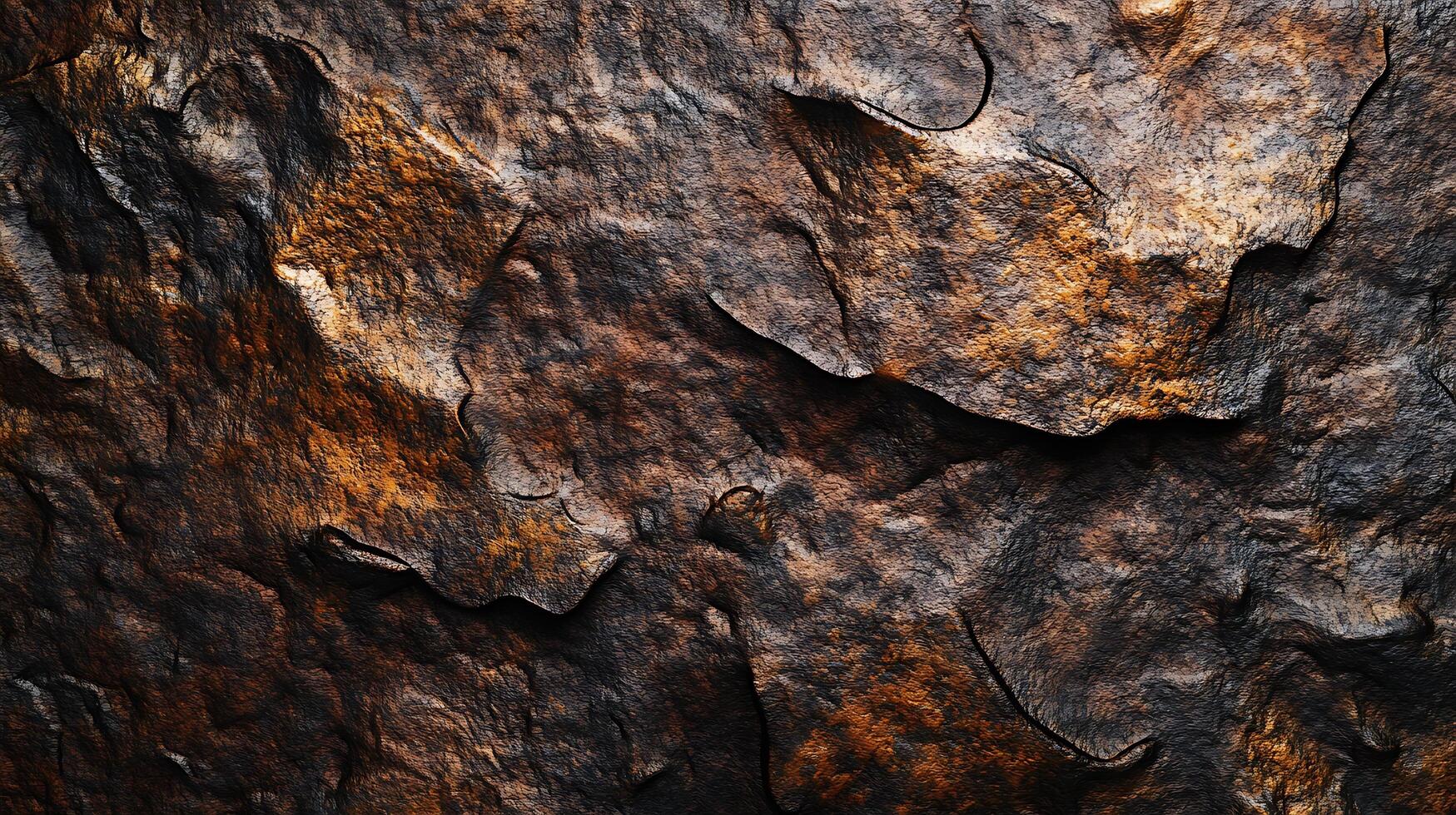 Textured surface of a rocky material with patterns in brown and black, ideal for abstract backgrounds and detailed design elements. photo