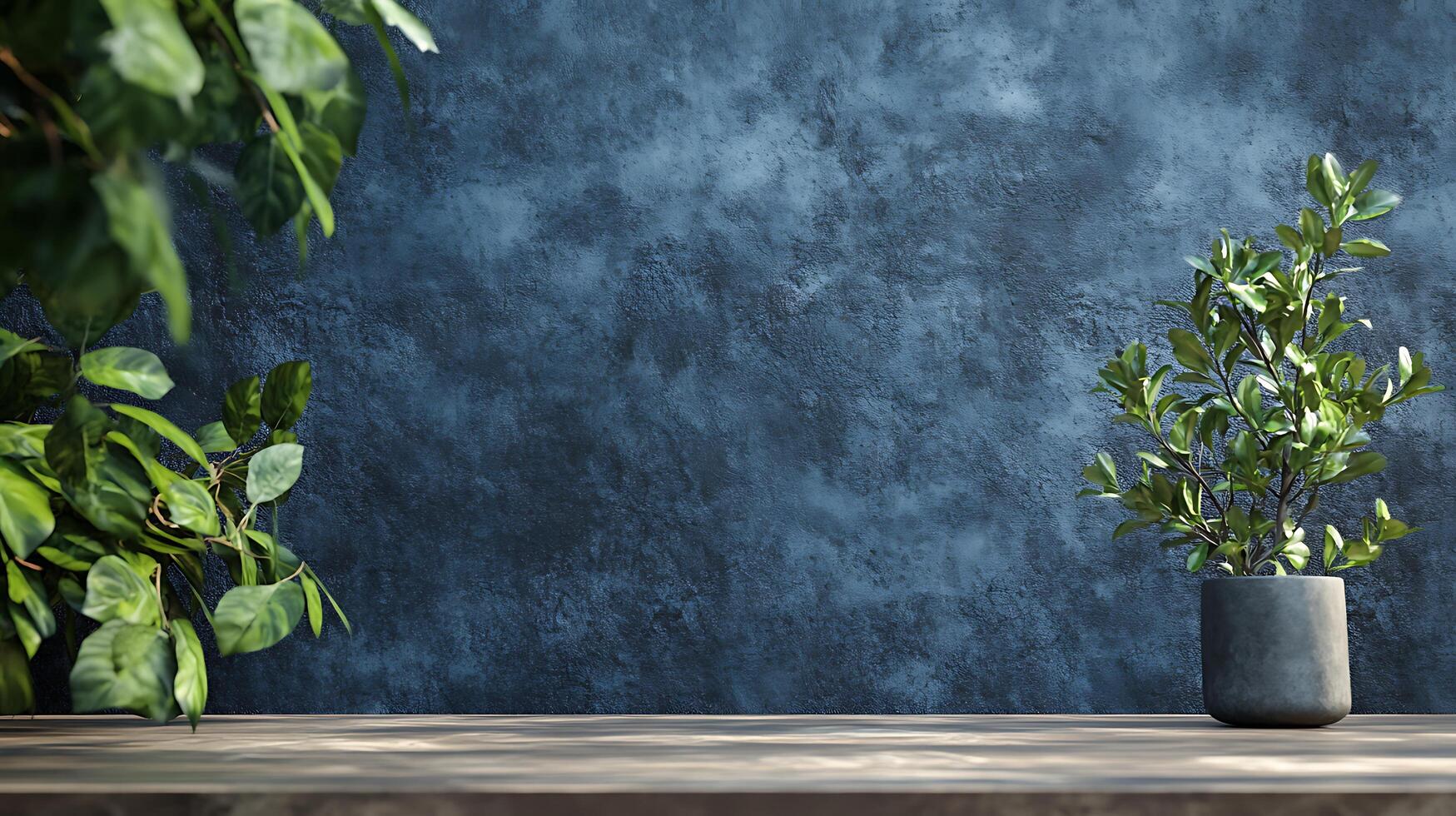 A textured blue background with greenery adds a calm, natural element to the scene, perfect for showcasing a design or product. photo