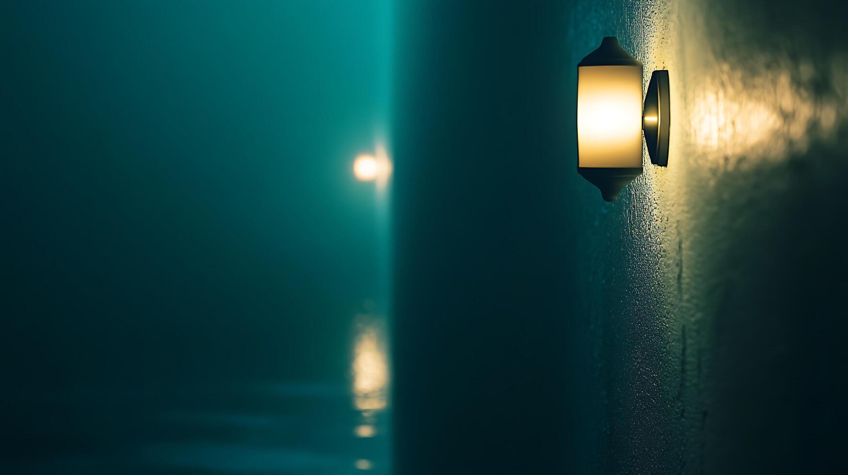 Illuminated wall sconce casts light and shadows in a serene turquoise-tinted room, creating a peaceful and inviting atmosphere. photo