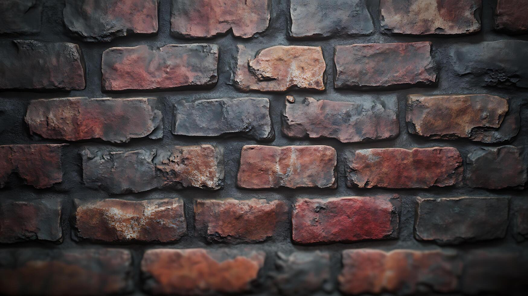Detailed view of a brick wall, showcasing the textures and colors of the individual bricks and the mortar joints between them. photo