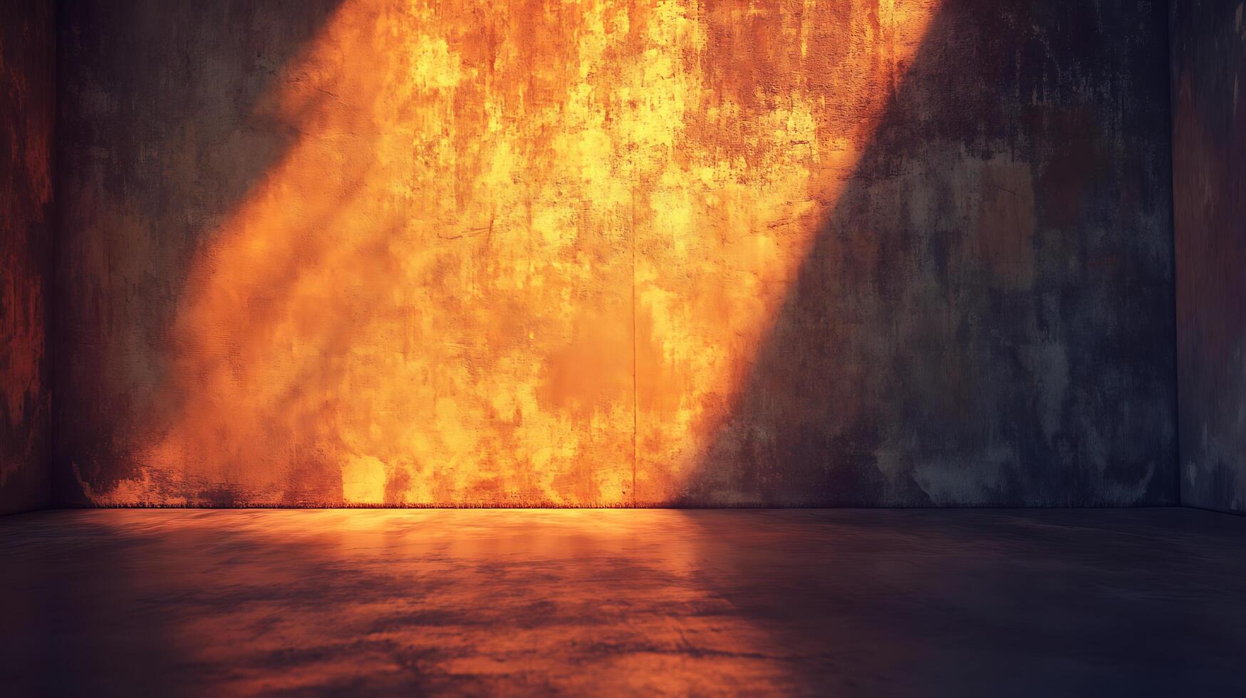 Sunlight bathes a weathered wall in a play of shadow and light, creating an ambiance of aged charm within a stark, empty room. photo