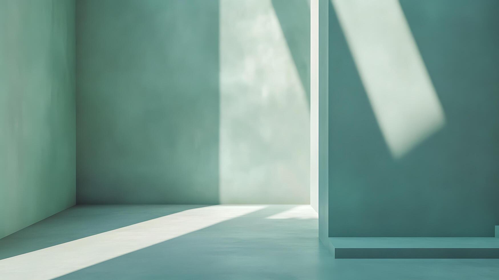 A minimalist room features textured walls bathed in sunlight, creating stark shadows and a serene, modern atmosphere. A study in light and space. photo