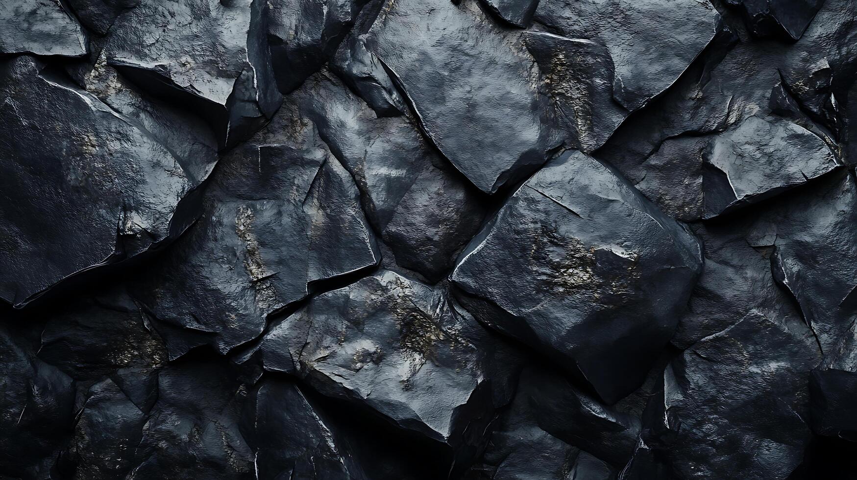 A dynamic composition of dark, fractured rock fragments, creating a rugged and textured surface. The interplay of light and shadow enhances depth. photo