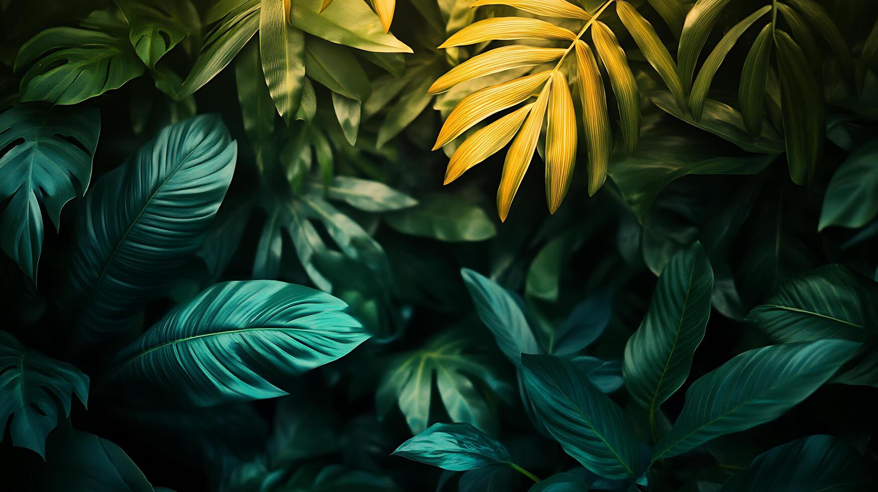 A vibrant tapestry of lush tropical foliage, featuring shades of green and a touch of gold, evokes a sense of natural wonder and tranquility. photo