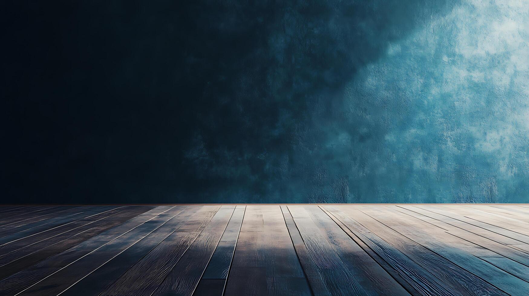 Moody studio background. Blue wall, with light from the right, textured surface and wooden floor. photo