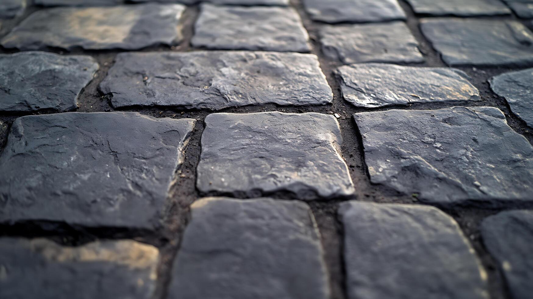 Close-up of dark gray cobblestones with visible texture and crevices, creating a sense of depth and age in a paved surface. photo