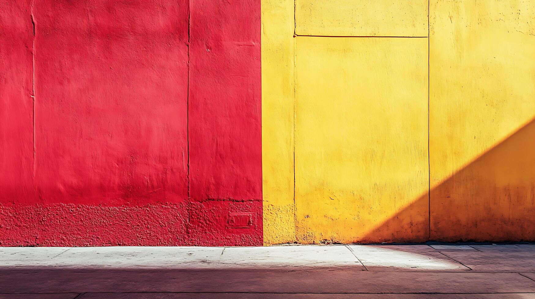 Abstract red and yellow wall. Sunlight hitting the wall creates shadows. Rough surface adds depth and texture to the image. photo