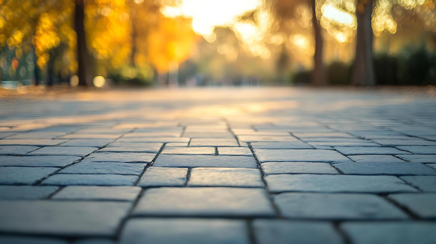 Cobblestone path bathed in the soft glow of morning sunlight, leading towards blurred trees in the background. Beautiful nature scene. photo