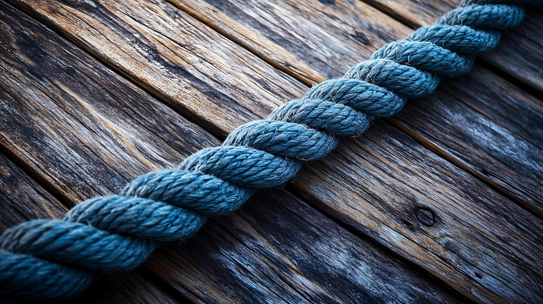 Close-up captures a weathered wooden surface crossed by a thick, twisted rope, conveying texture and maritime themes. photo