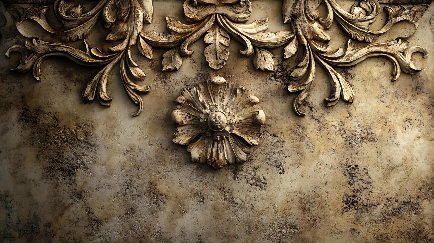 Ornate plasterwork with floral and foliate details offers a glimpse into classic architectural ornamentation. Textural, aged surface. photo