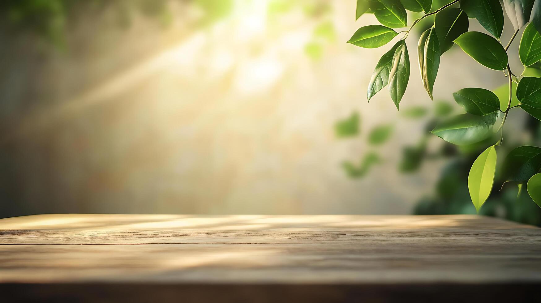 Tranquil nature backdrop featuring sunlight filtering through leaves onto a wooden surface, perfect for product displays or serene visuals. photo