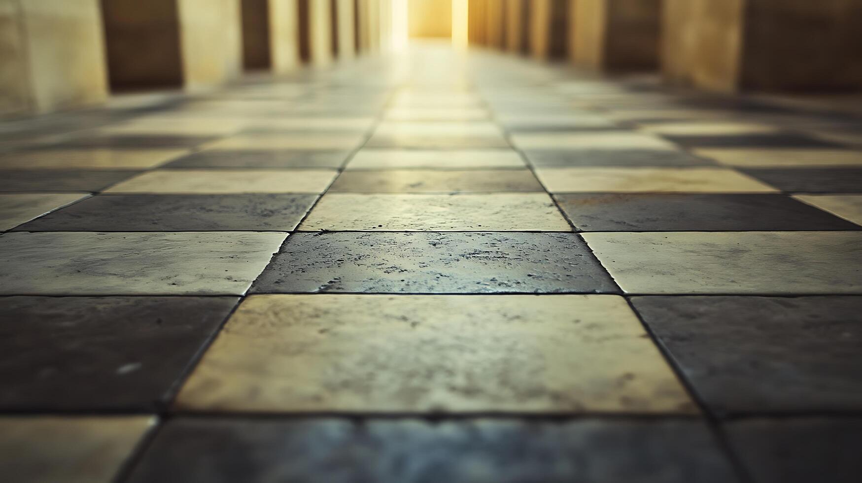 Eye-level view of a checkerboard floor extending into a hallway, creating a sense of depth and architectural elegance. Perspective to the light. photo