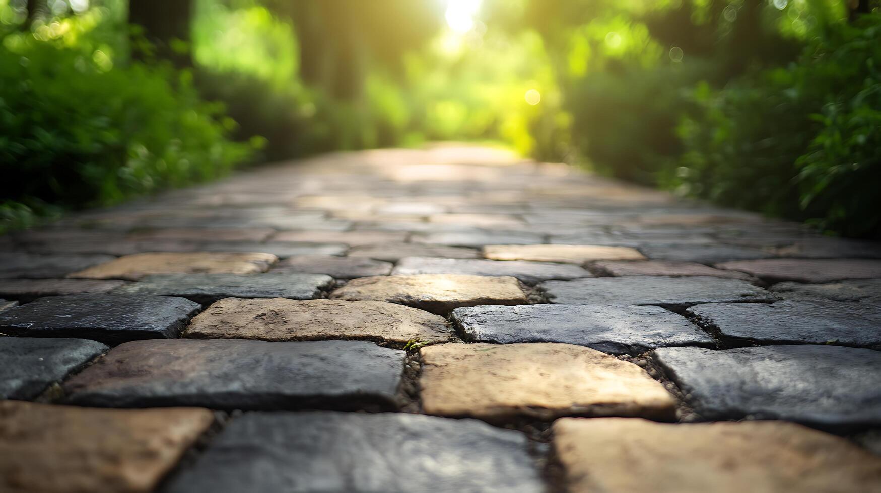 A stone pathway disappears into a sunlit green forest, inviting exploration and a peaceful walk through nature's embrace. photo