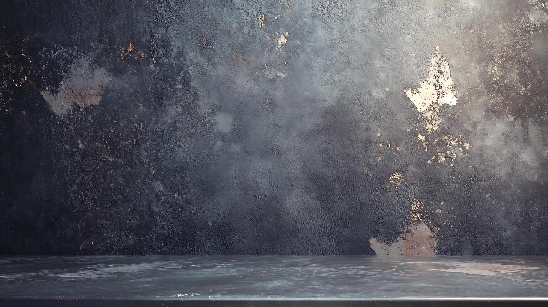 An abstract product backdrop featuring a rugged dark blue wall, textured with patches of gold and a surface resembling a worn metallic slab. photo
