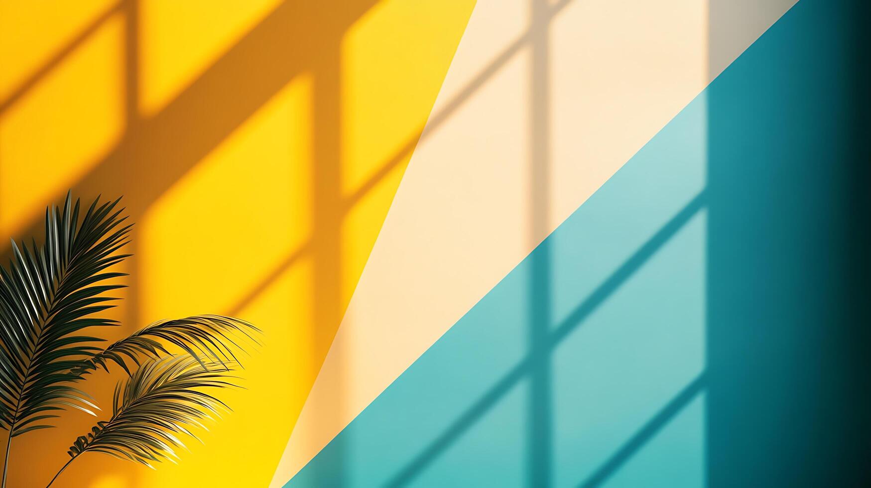 Abstract geometric background with tropical leaf. Graphic design with yellow, beige, teal colors, shadows. Modern art for poster. photo