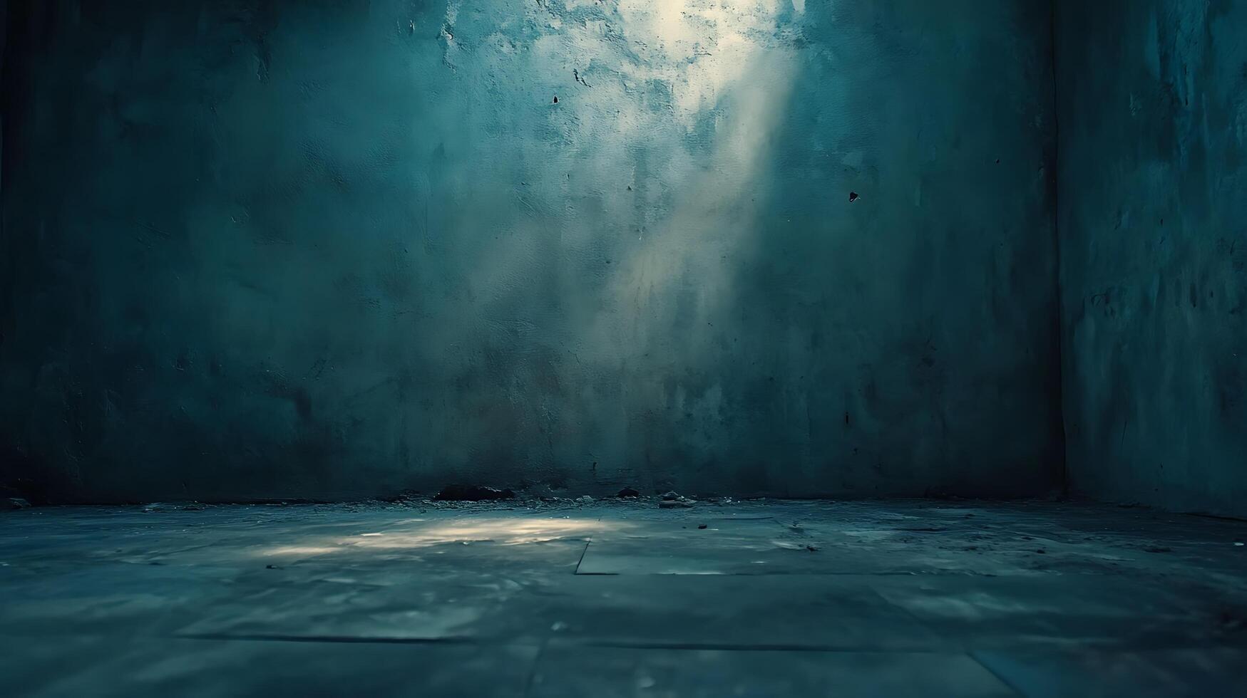 An interior corner with moody lighting. Sunlight pierces through an opening creating dramatic shadows on textured walls and stone floors. photo