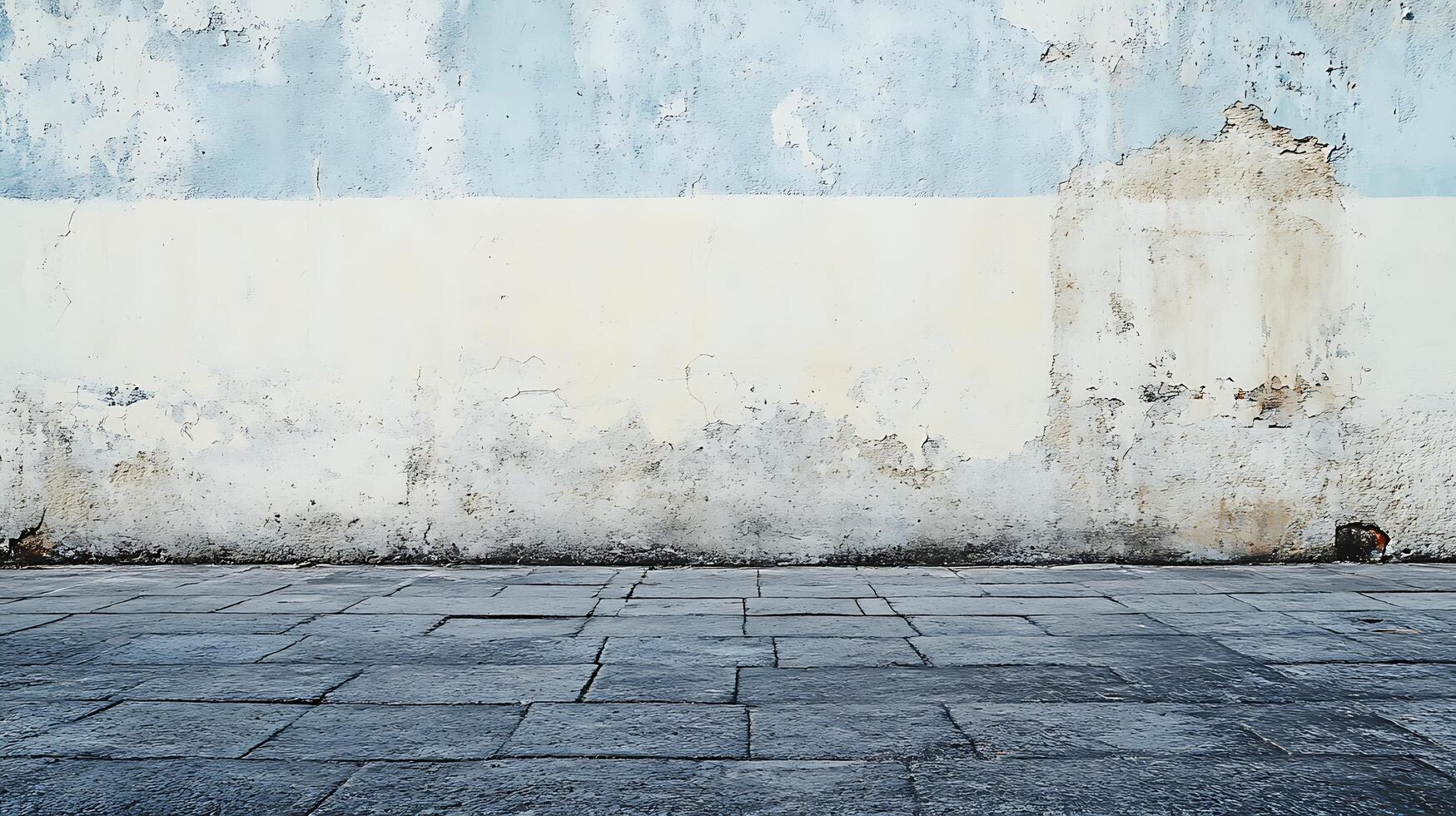 Weathered building facade featuring aged paint, faded colors and a textured stone pathway providing a visual story of time and decay. photo