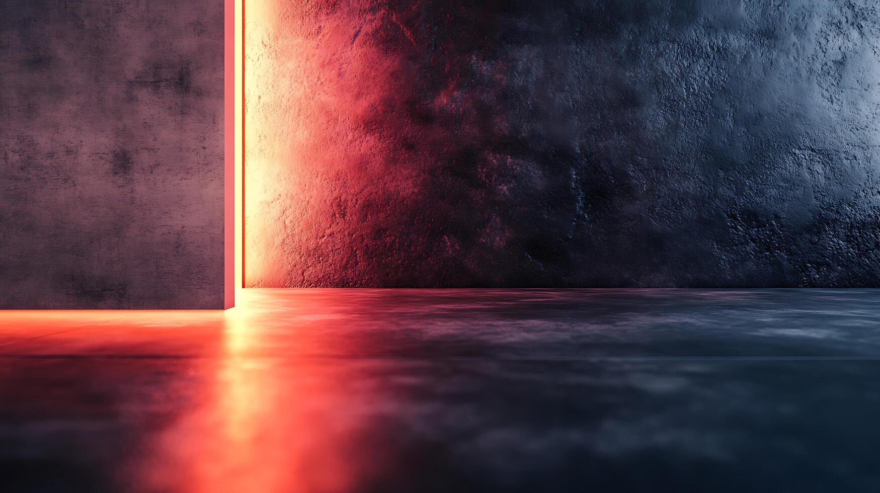 Abstract concrete room with red and blue ambient light creating a moody atmosphere. The textures are raw and industrial. photo