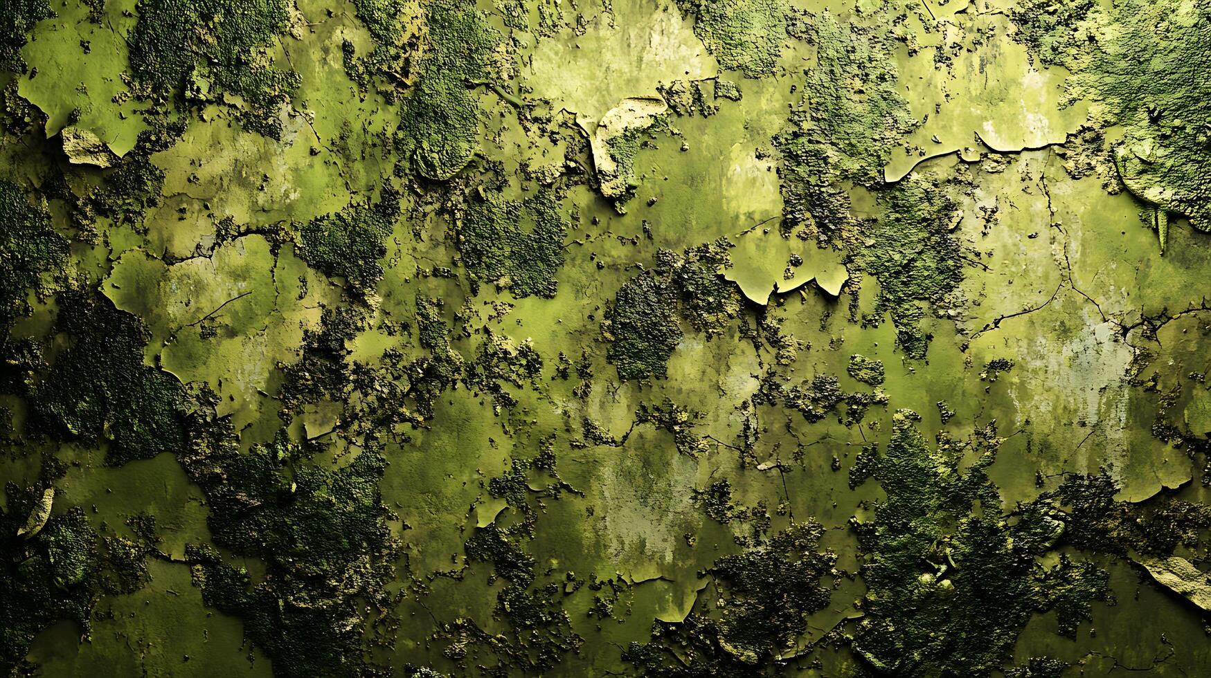 Textured surface with peeling green paint and moss-like growth, creating an organic and weathered appearance with varied green hues. photo