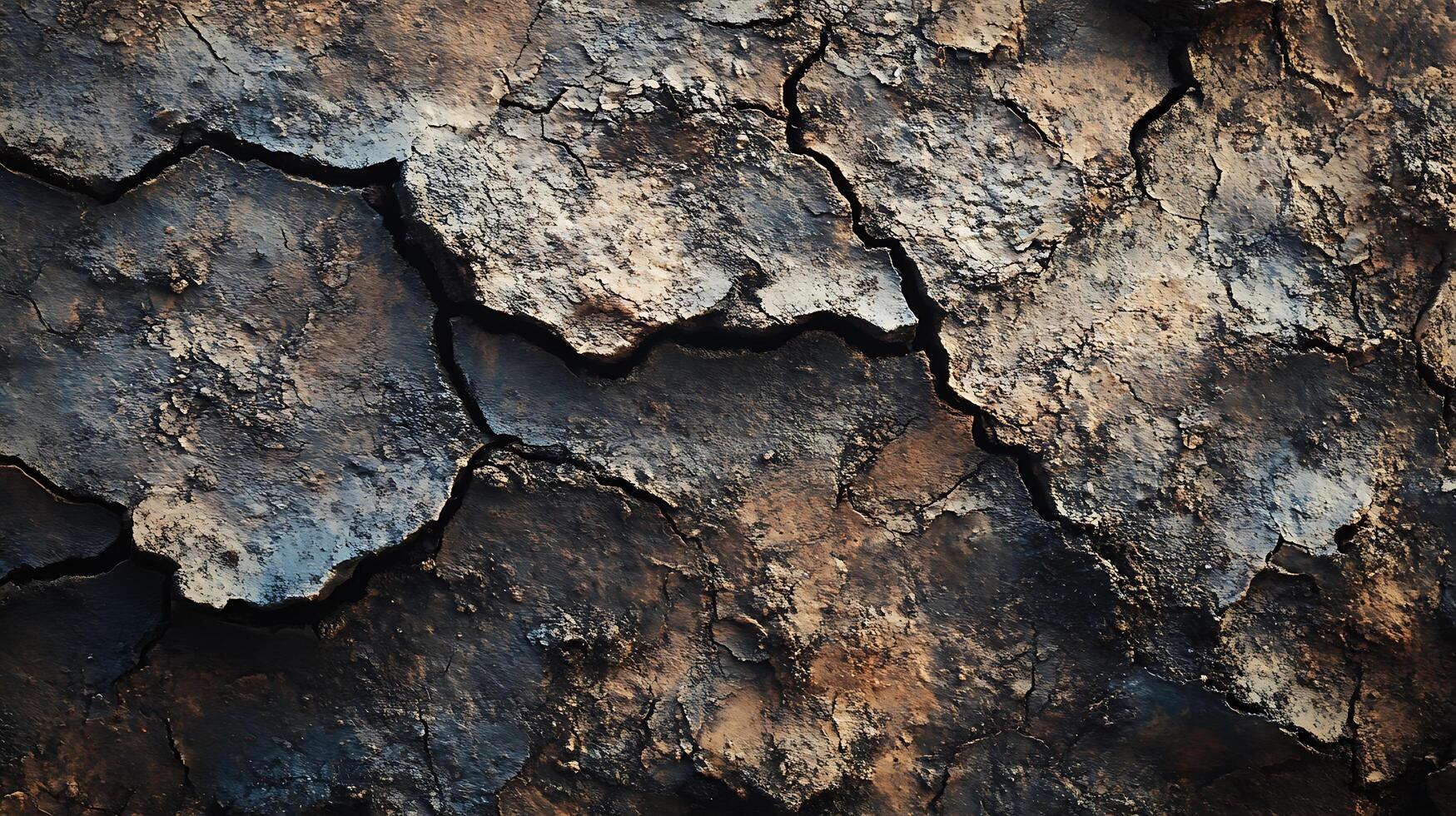 Cracked earth texture showcases parched land after drought, revealing deep fissures and patterns of desiccation. Symbolizes arid climate change. photo