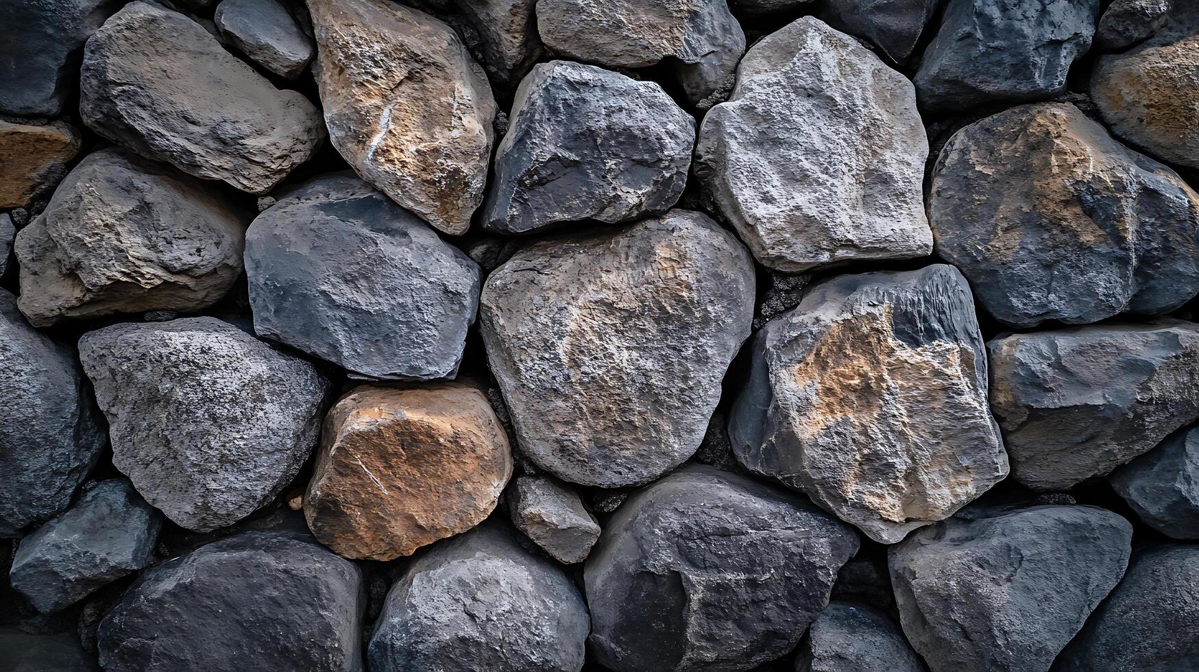 Detailed close-up of a wall constructed with large, dark stones, creating a rugged and textured surface. photo