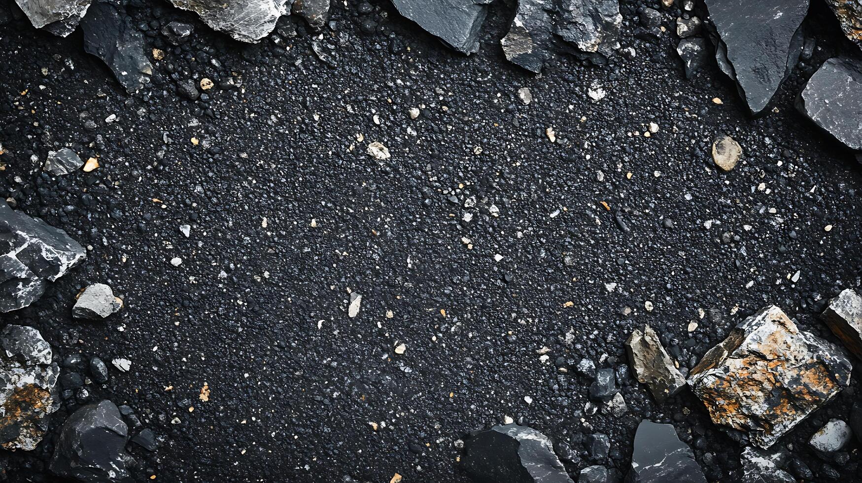 Gritty black surface with scattered stones and larger rocks framing the edges creates a dark, textured backdrop. Raw and rugged look. photo