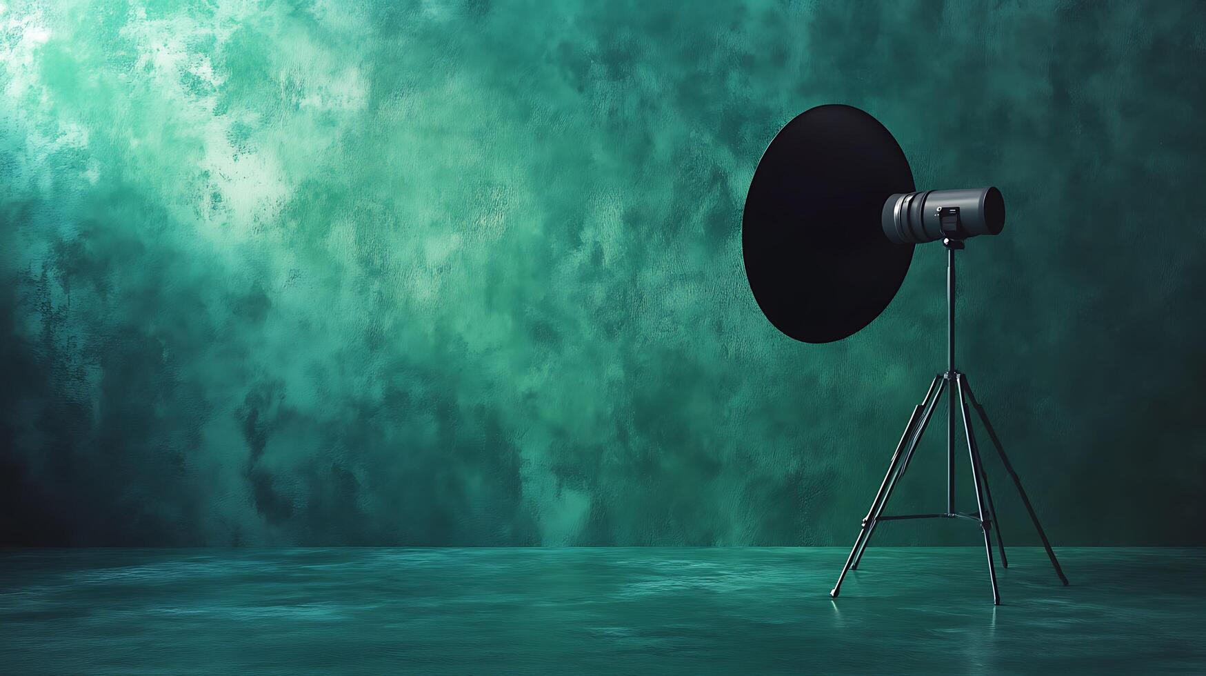 Image displays a studio setup featuring a camera with a reflector on a tripod against a dark, mottled green backdrop, evoking a somber tone. photo