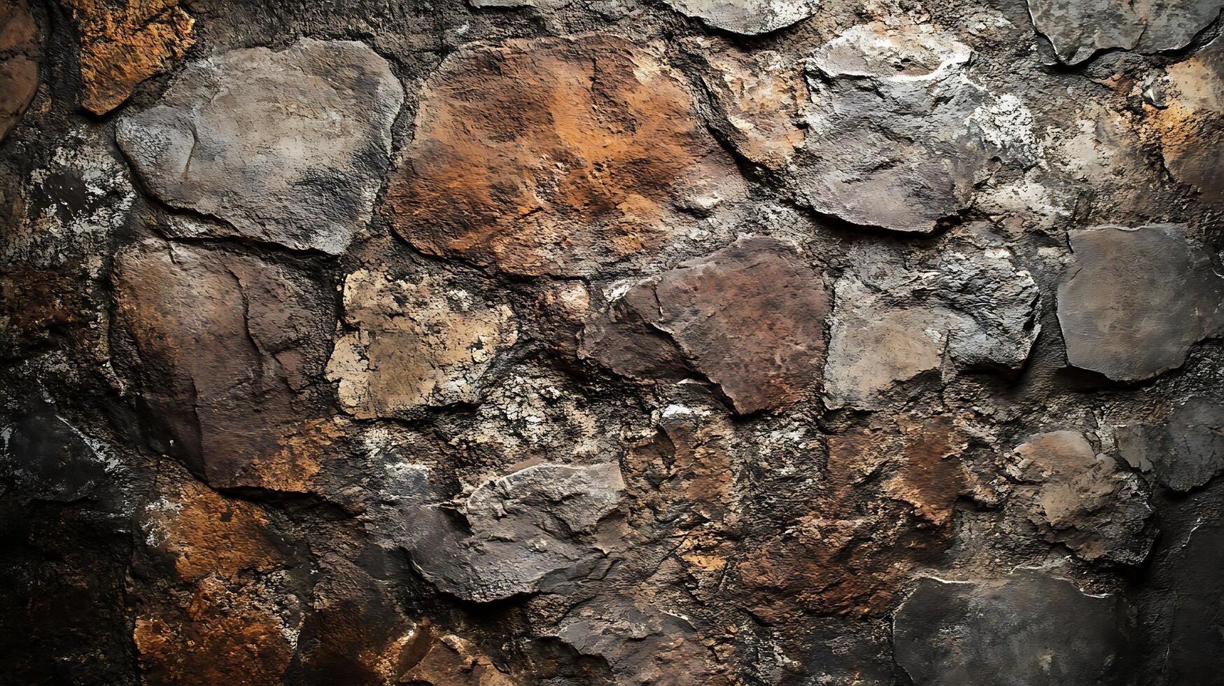 Rustic stone wall texture featuring a mix of gray, brown, and ochre hues, creating a rugged and natural surface aesthetic. photo