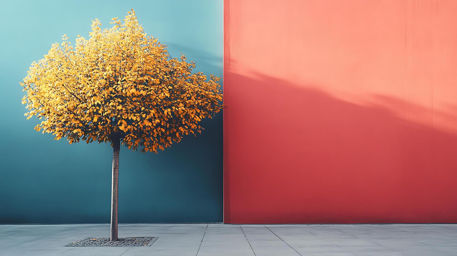 A solitary golden tree stands before contrasting colored walls, casting shadows on a smooth concrete surface in an urban setting. photo