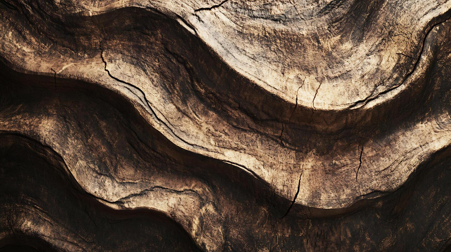 Close-up of weathered wood grain with striking wave-like patterns. Textures and cracks add depth to the rugged organic surface. photo