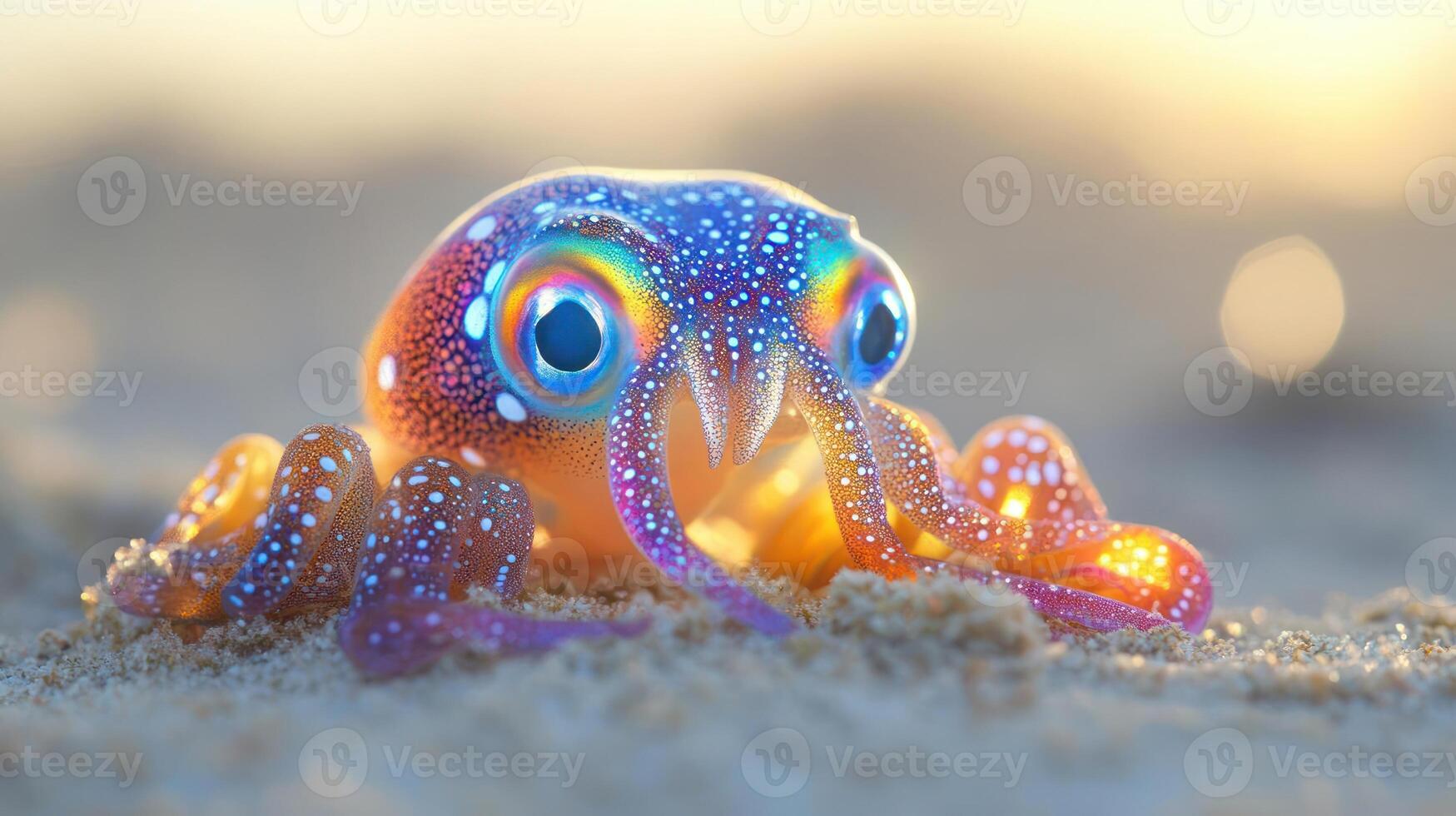 A vibrant and playful depiction of a squid nestled in the sand photo