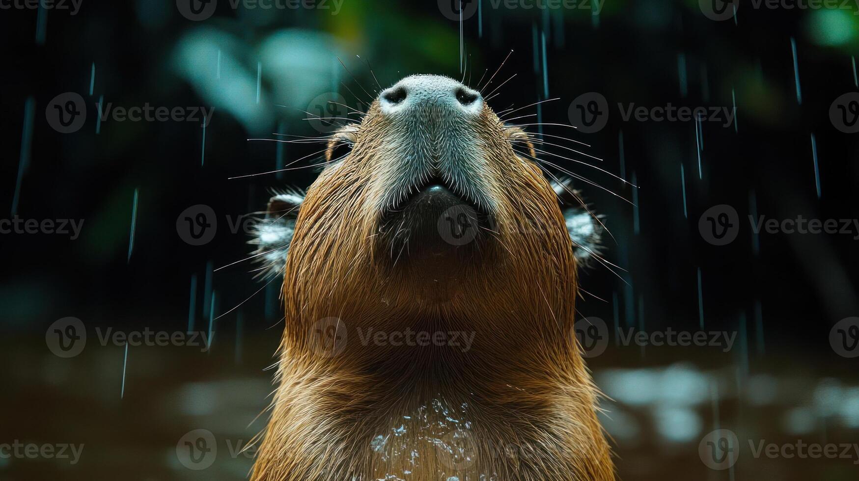 A capybara stands under the rain photo