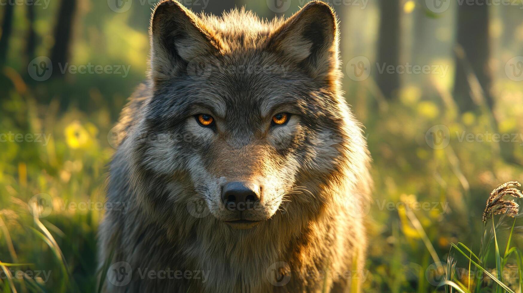 A wolf standing amidst tall grasses photo