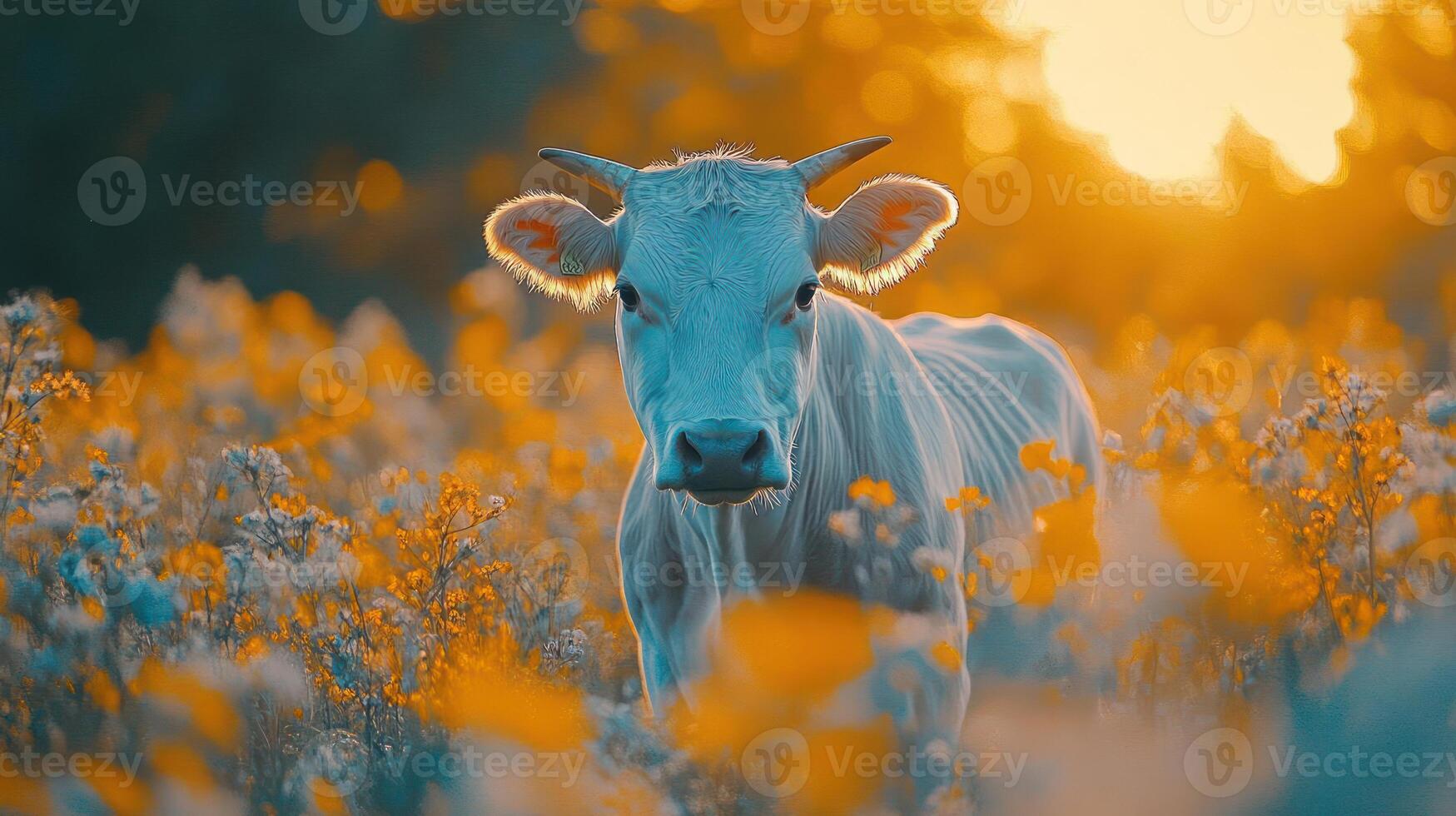 A serene and idyllic scene featuring a cow grazing peacefully in a lush green field as the sun sets behind it. photo