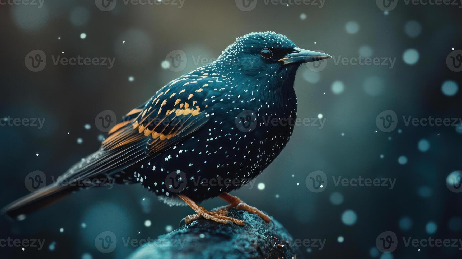 A black bird with white spots perched on a rock photo