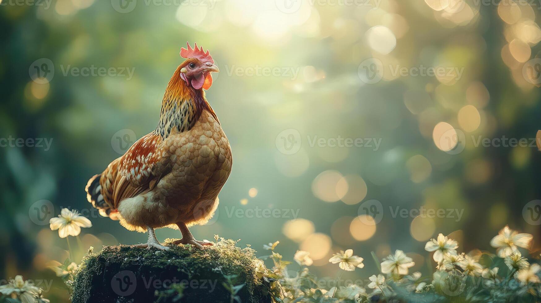 A chicken standing on a rock surrounded by flowers photo