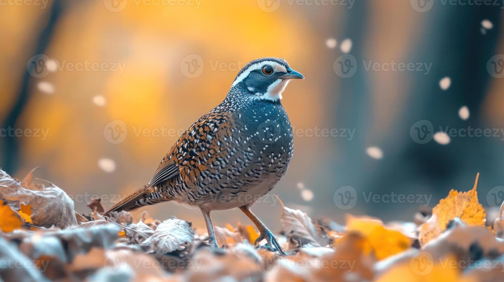 autumnal scene with bird walking through fallen leaves photo