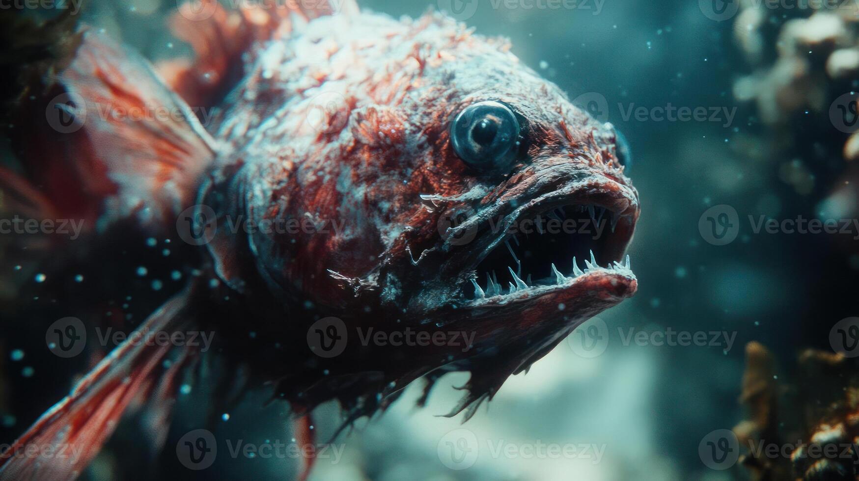 A close-up view of a fish with large teeth photo